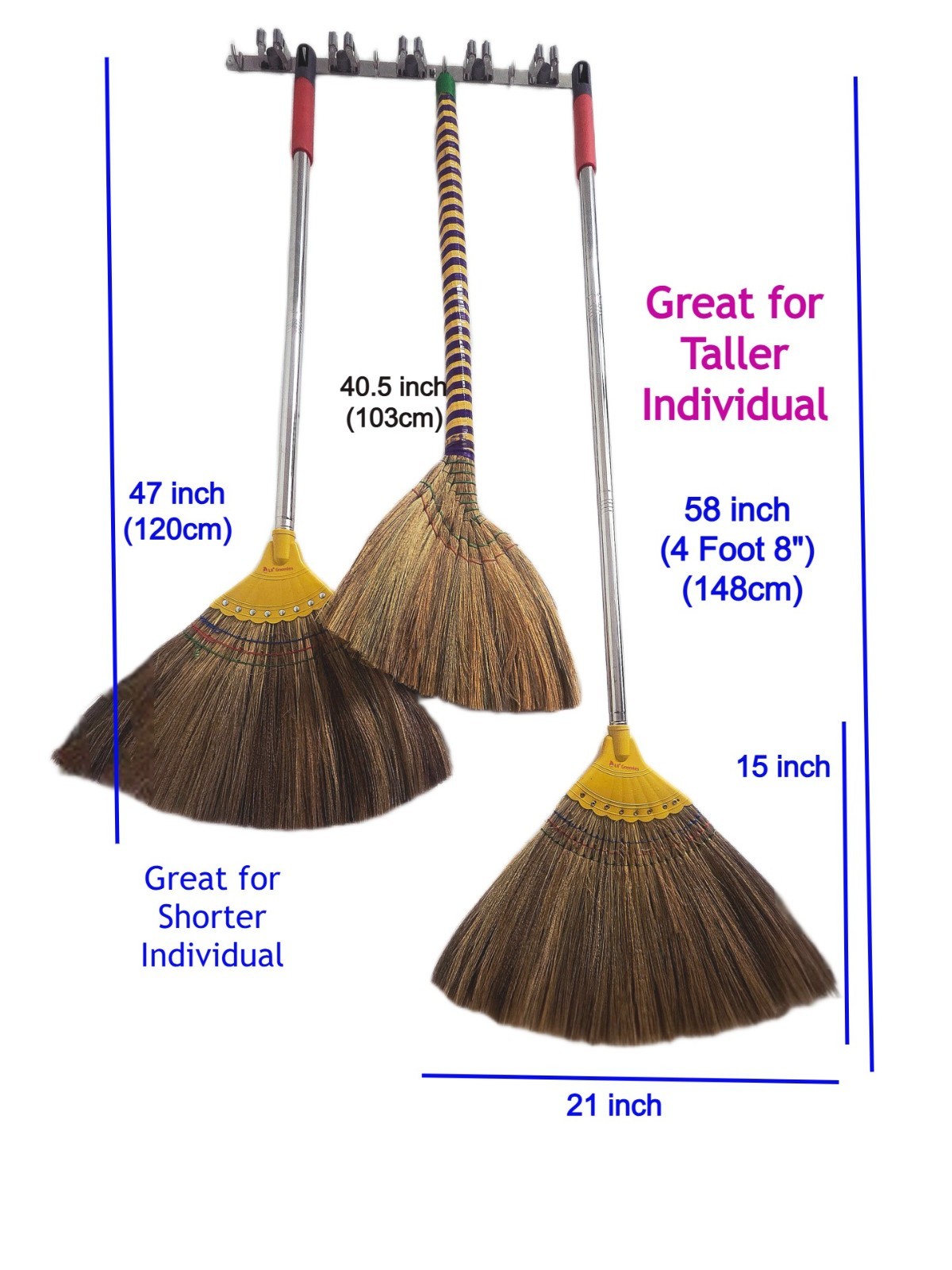 Asian Natural Straw Broom 58 Inch Length Vietnamese Corn Sweep Stainless Steel
