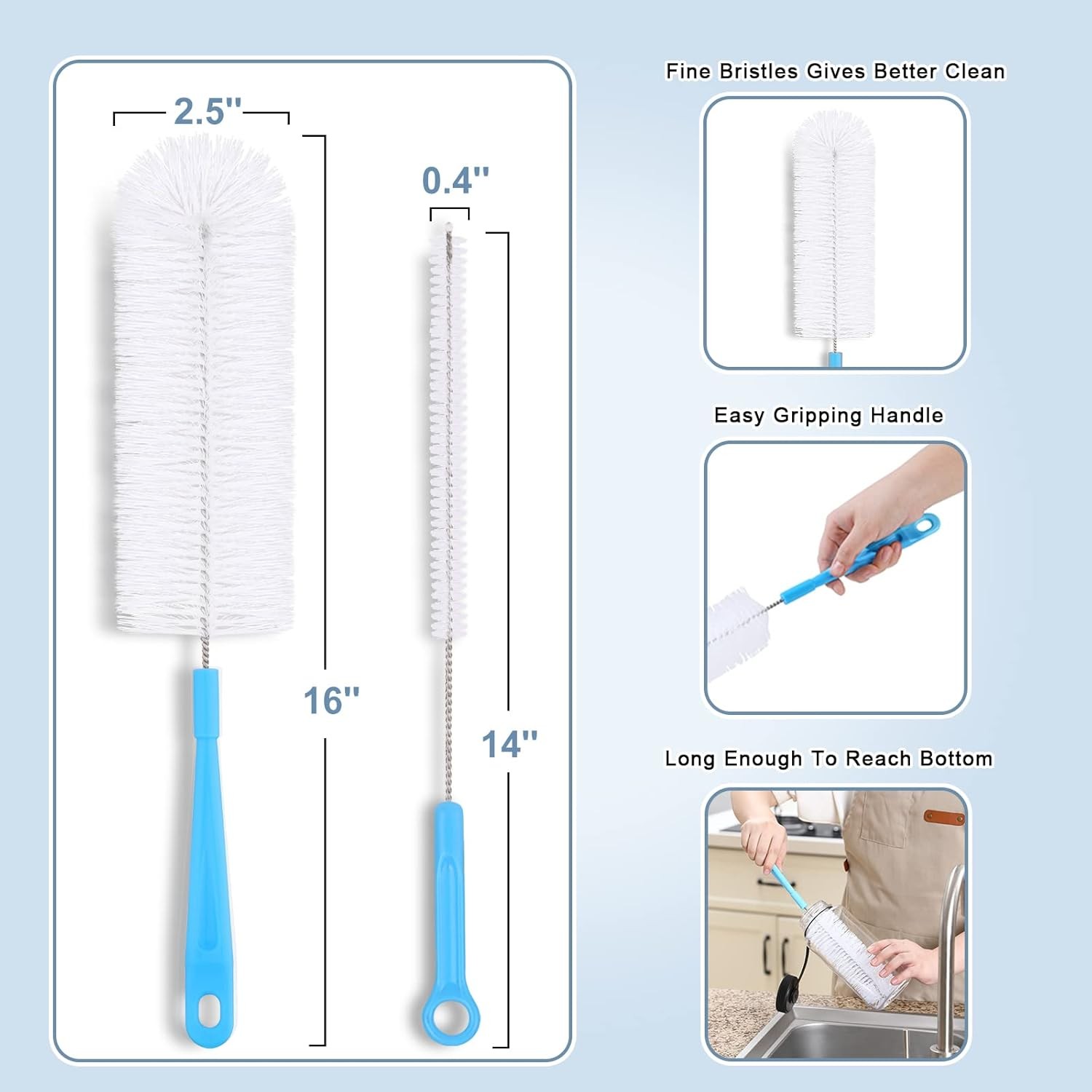 16″ Bottle Brush Cleaner for Water Bottle – Long Handle Bottle Brush for