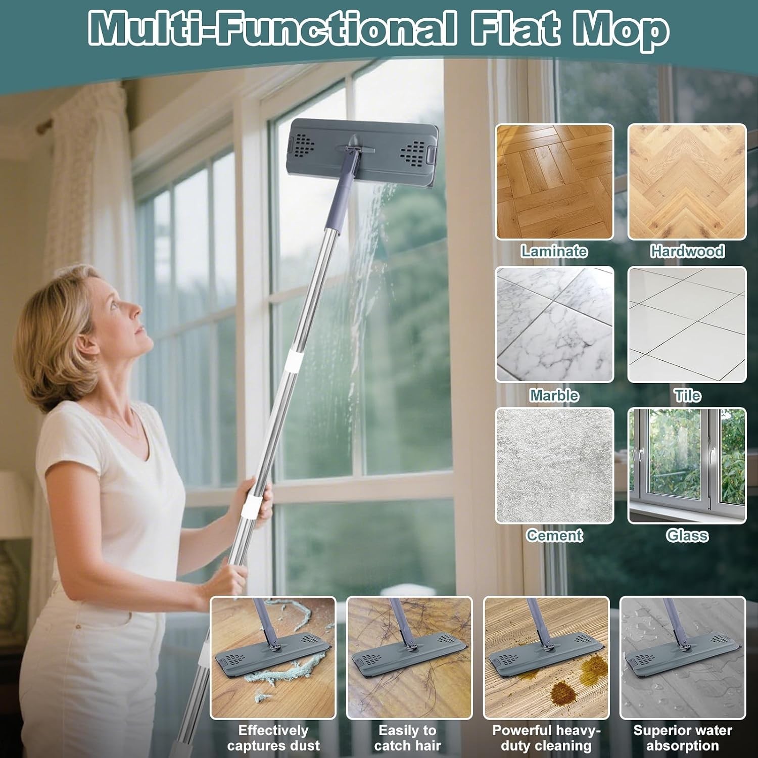 Flat Mop with 3 Pads, Microfiber Mops for Floor Cleaning Adjustable Handle 29…