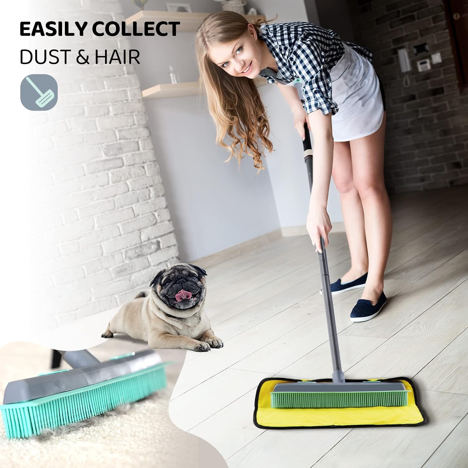 Rubber Broom Carpet Rake for Pet Hair, Fur Remover Broom with Squeegee, Portable