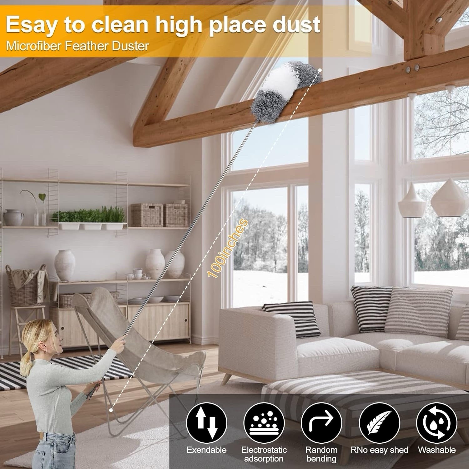 Microfiber Duster for Cleaning Fan, High Ceiling, Blinds, Gray, Silver