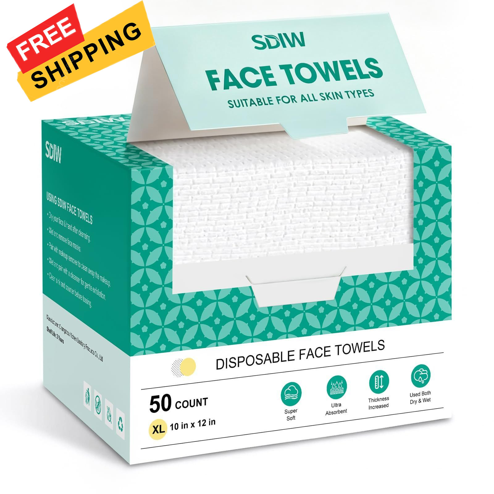 SDIW Face Towels 10″×12″, XL Disposable Facial 50 Count (Pack of 1), White