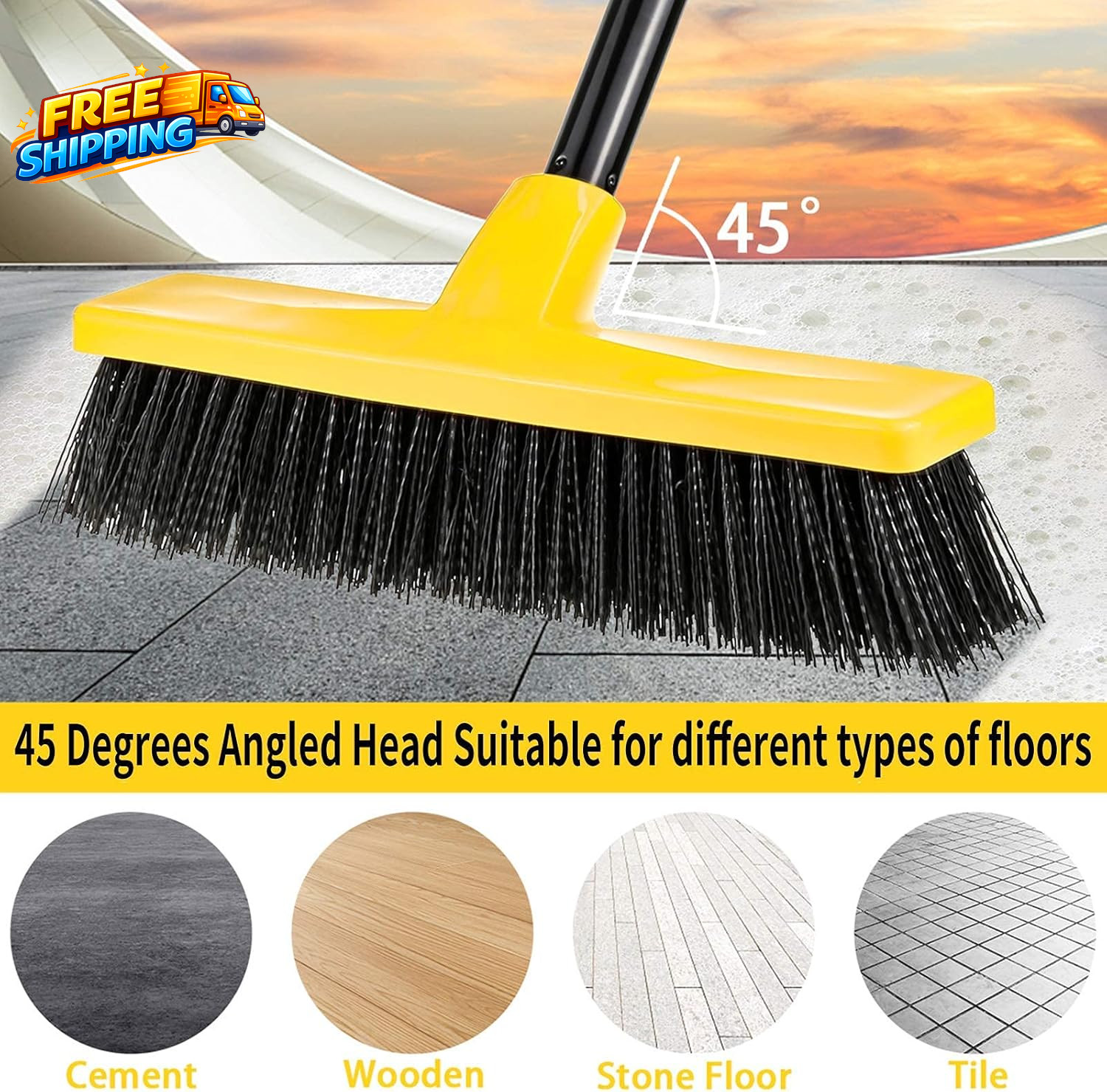 Push Broom Outdoor Indoor Broom 12 Wide 50 Long Handle with Stiff Bristles