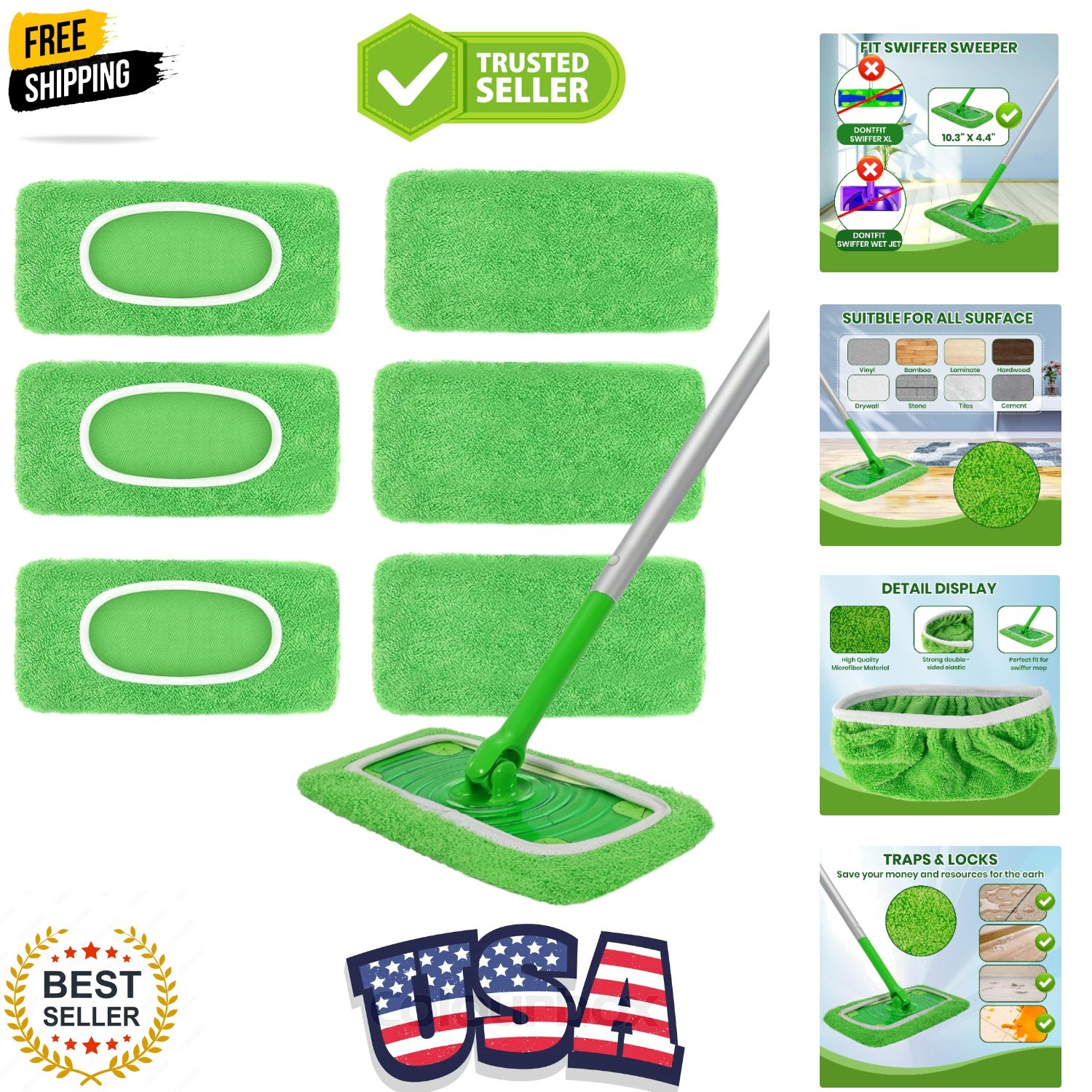 6 Pack Reusable Microfiber Mop Pads – Compatible with Sweeper, Reusable Mop P…