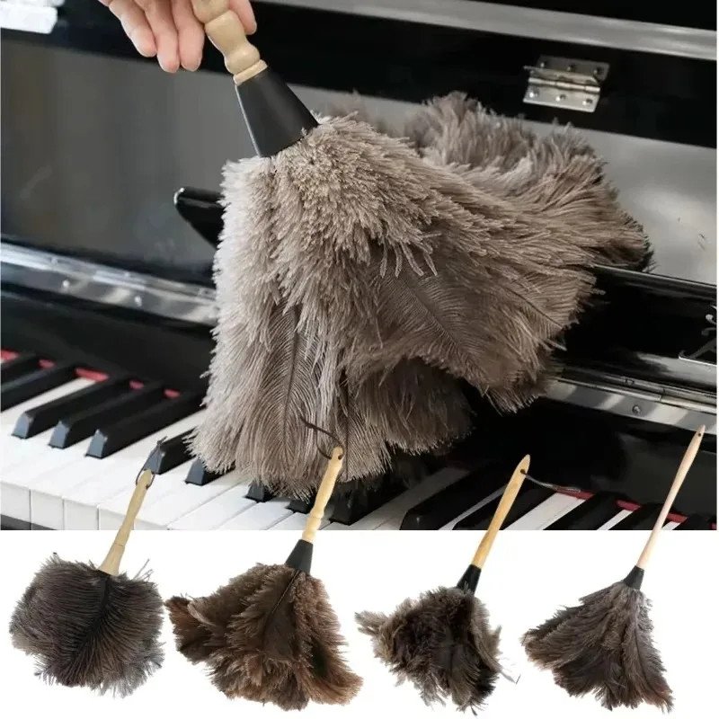 Ostrich Feather Duster with Wooden Handle Anti-Static Dust Removal Home Cleaning