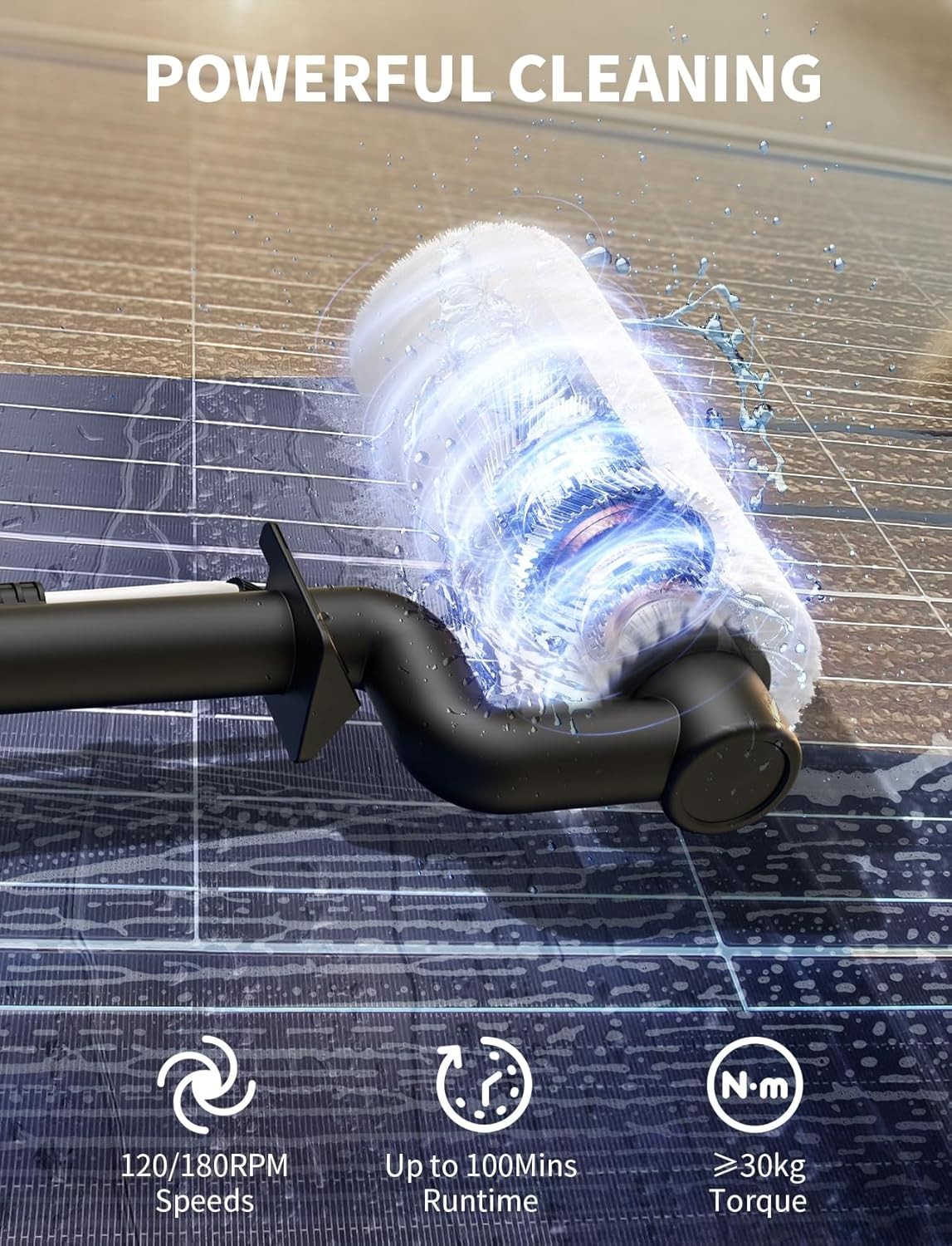 Solar Panel Cleaning Brush and Pole, 20FT Electric Cleaning Roller Brush with Te