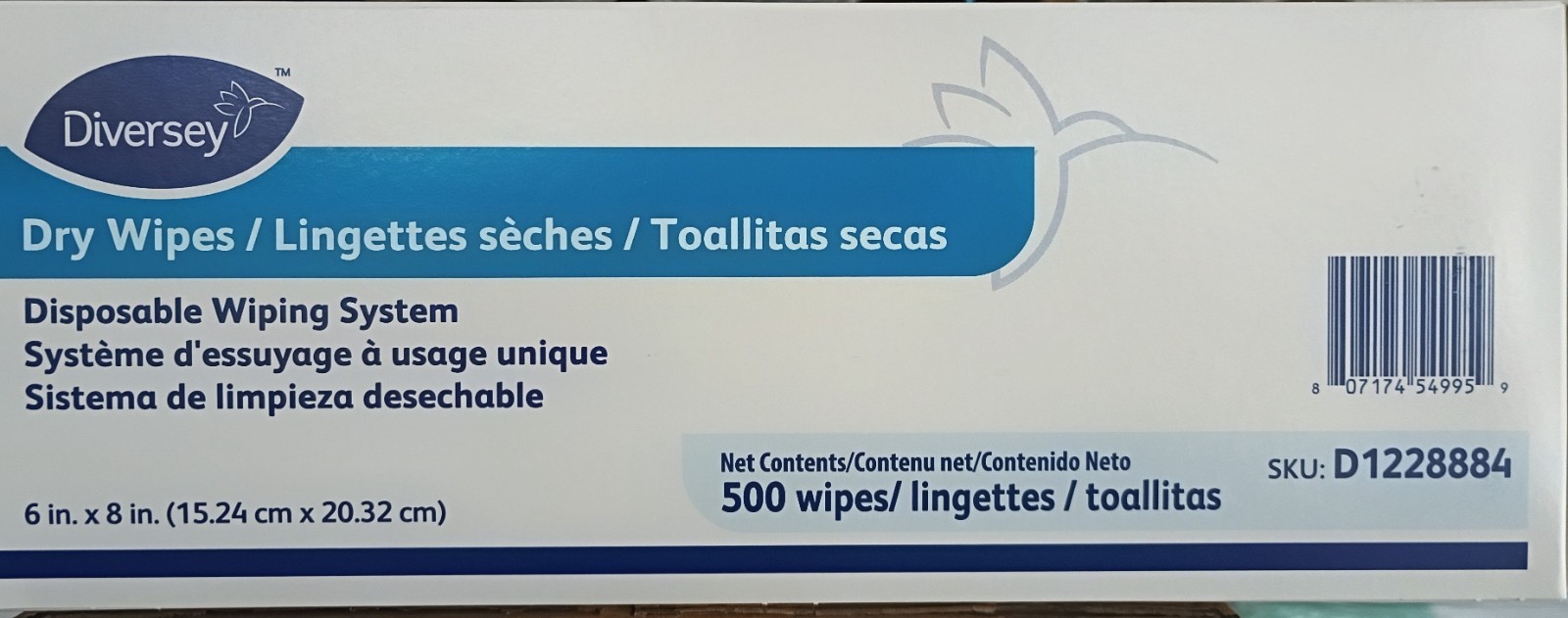 Box Diversey Dry Wipes White D1228884, 500/Box ,(500 Wipes Total)