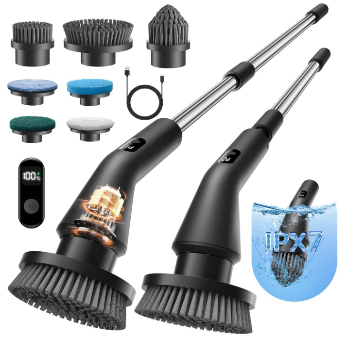 Electric Spin Scrubber, Cordless Bathroom Brush, 7 Heads, Long Handle, 2 Speeds