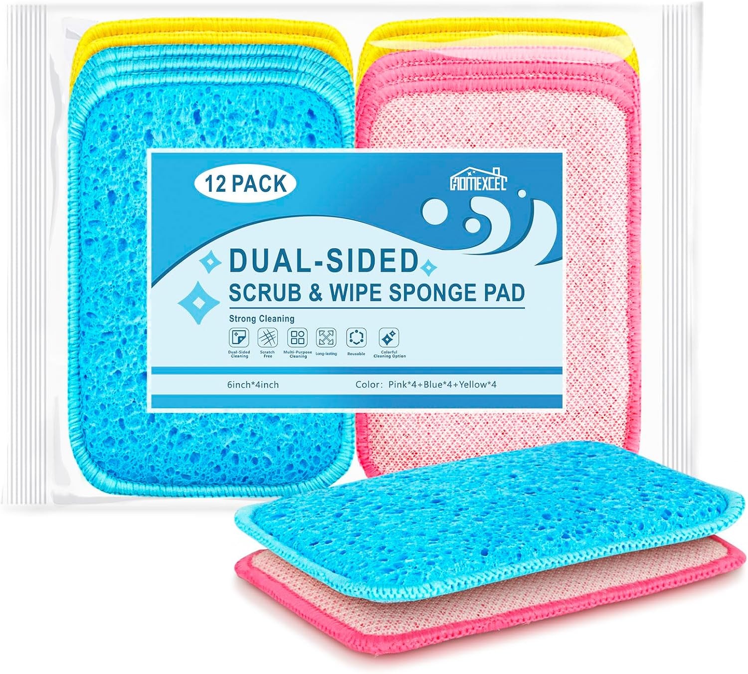 12 Pack Scrub & Wipe Cloths, Dual-Sided Sponges for Kitchen, All-Purpose Cloth