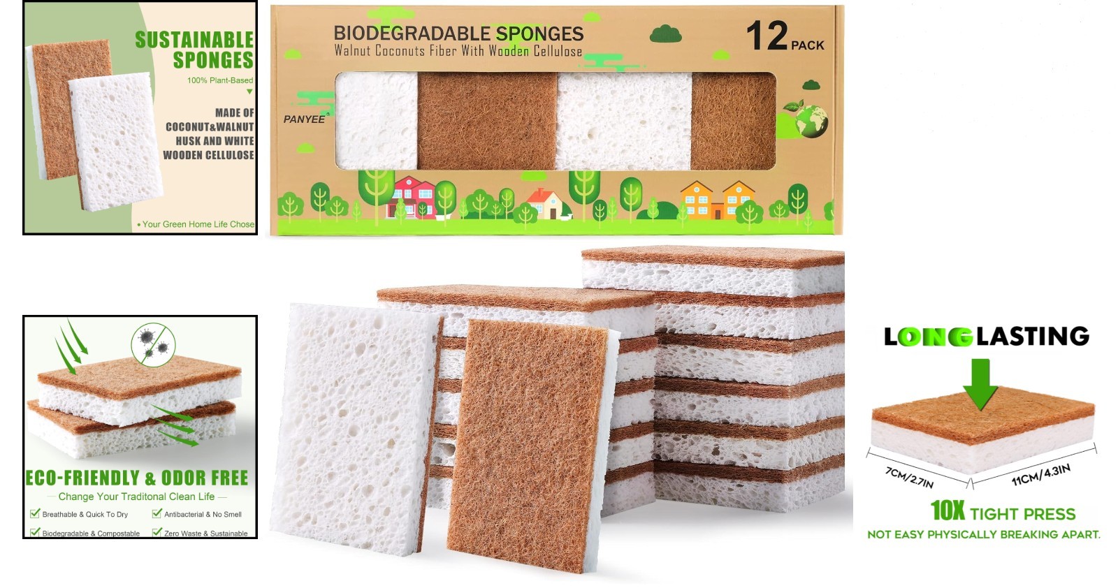Biodegradable Natural Kitchen Sponge Pack of 12 Eco Friendly Plant-Based Scru…