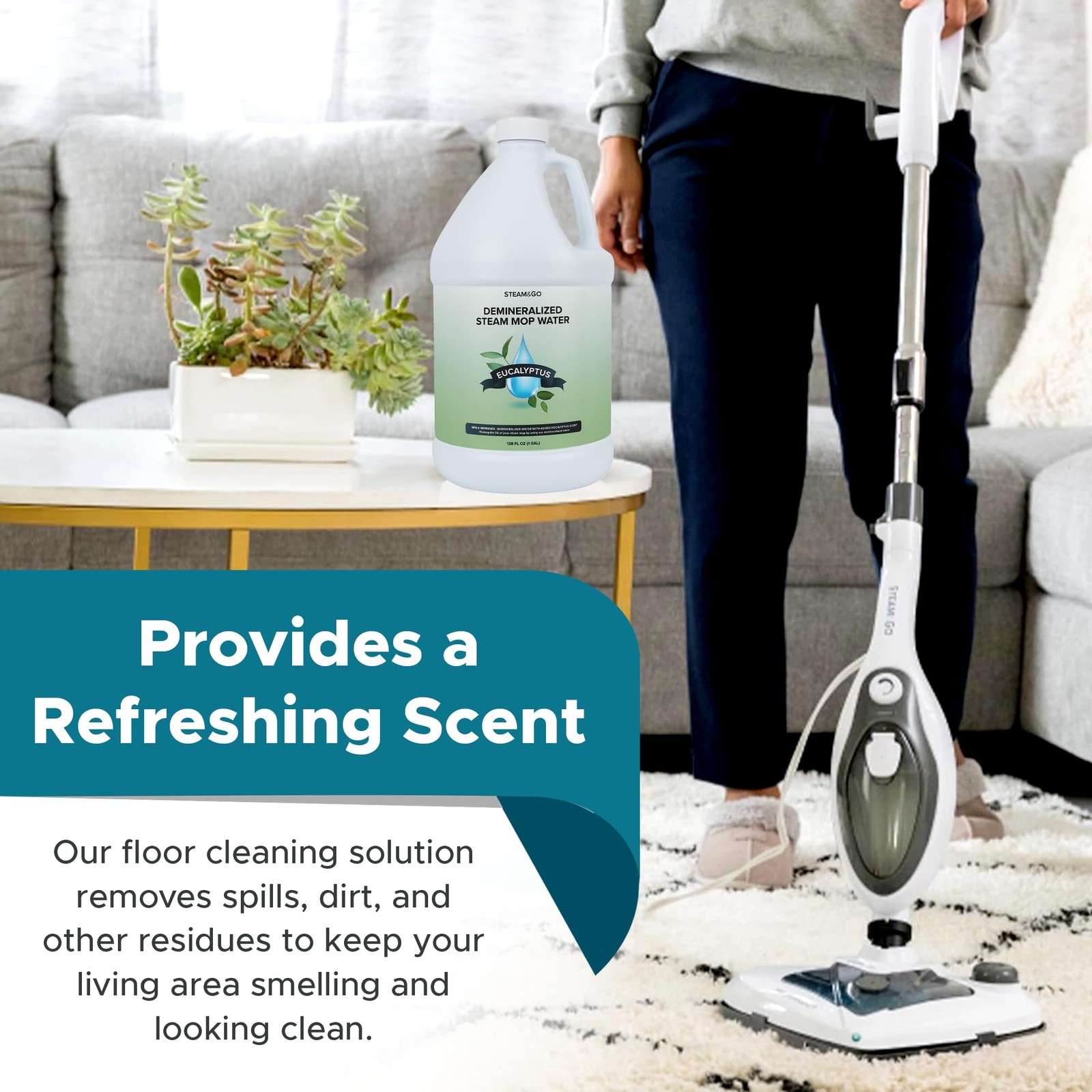 Steam & Go Demineralized Water for Steam Mop – Eucalyptus Mint Scent, 128 oz …