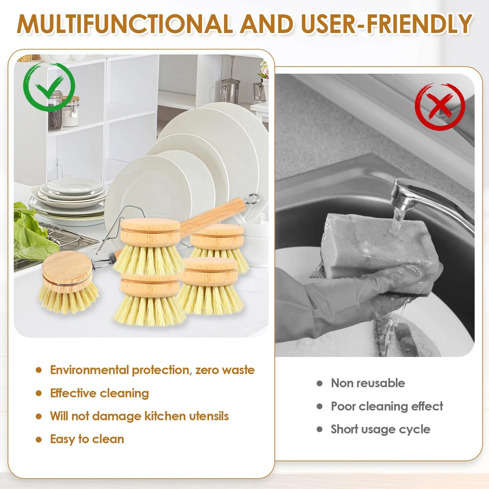 3/4/5/10Pcs Bamboo Dish Scrub Brushes Replaceable Dish Brush Kitchen Cleaning Sc