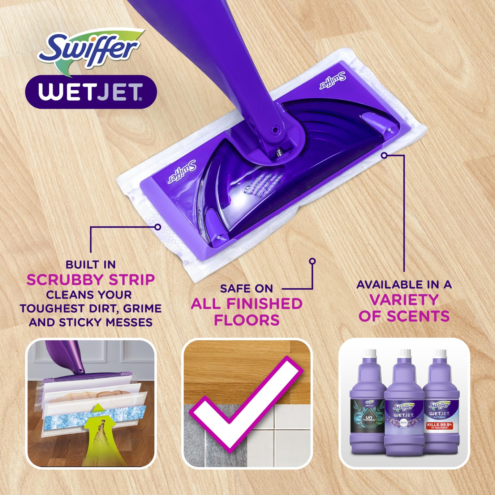 Swiffer WetJet Hardwood and Floor Spray Mop Cleaner Starter 1 Kit, Purple