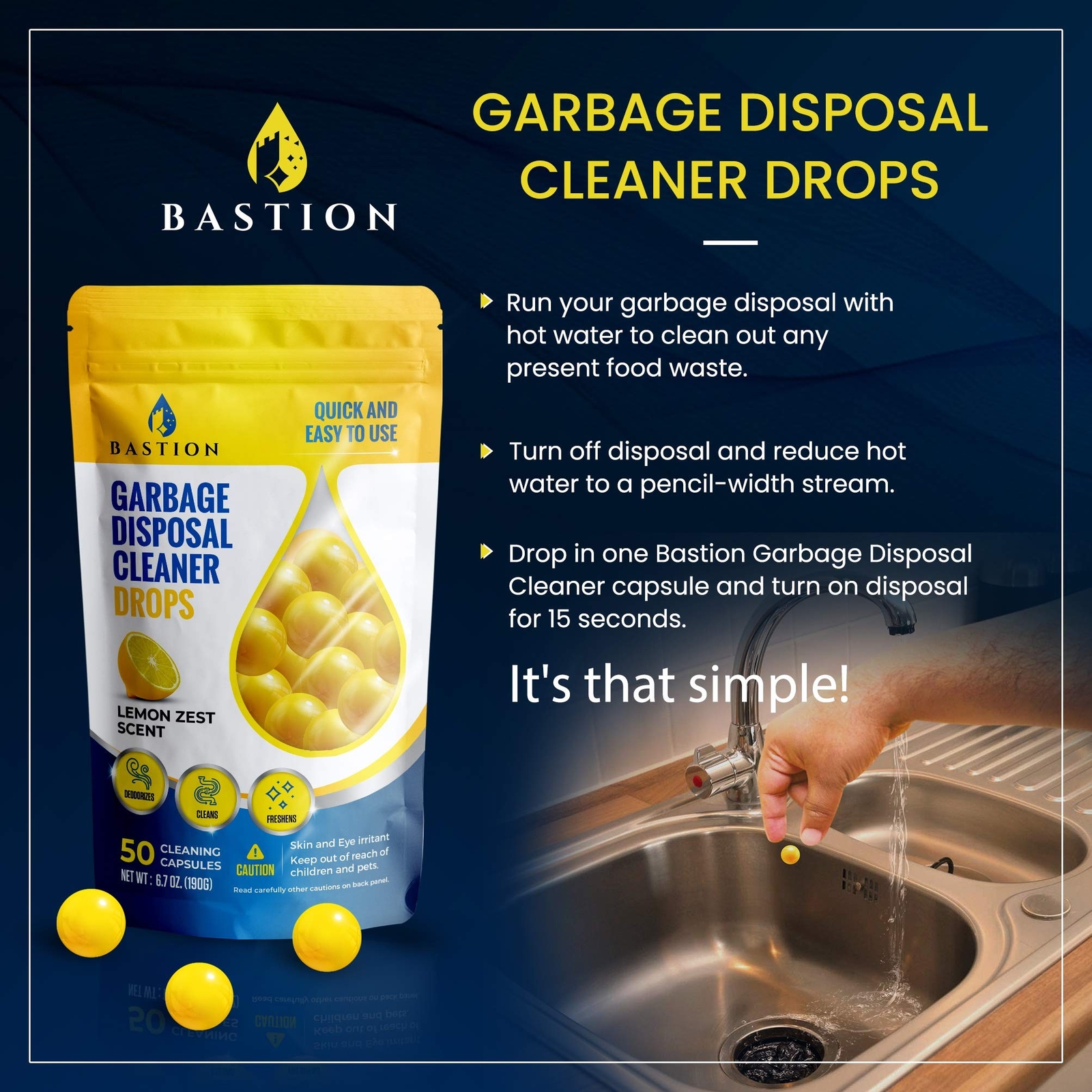 Bastion Garbage Disposal Cleaner and Deodorizer Drops- [[50-Count]] Lemon Zes…