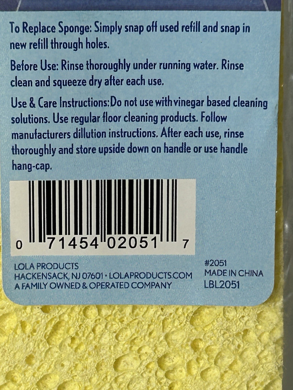 NEW 1 LOLA Natural Cellulose Squeeze Sponge Mop Refill – 9″ Super Absorbent NIP