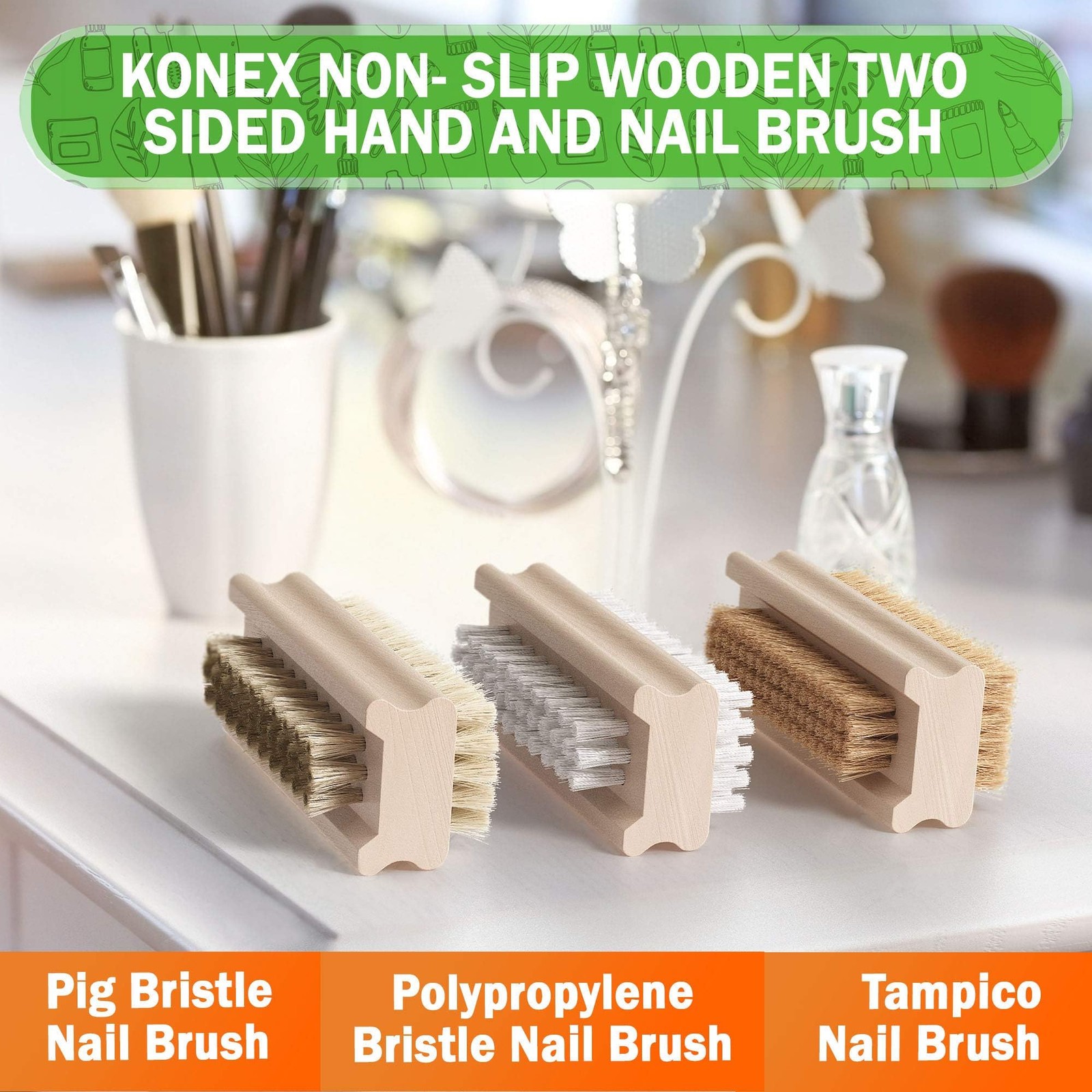 Konex Non-Slip Wooden Two-sided Hand and Nail 1 Count (Pack of 1), Light Wood
