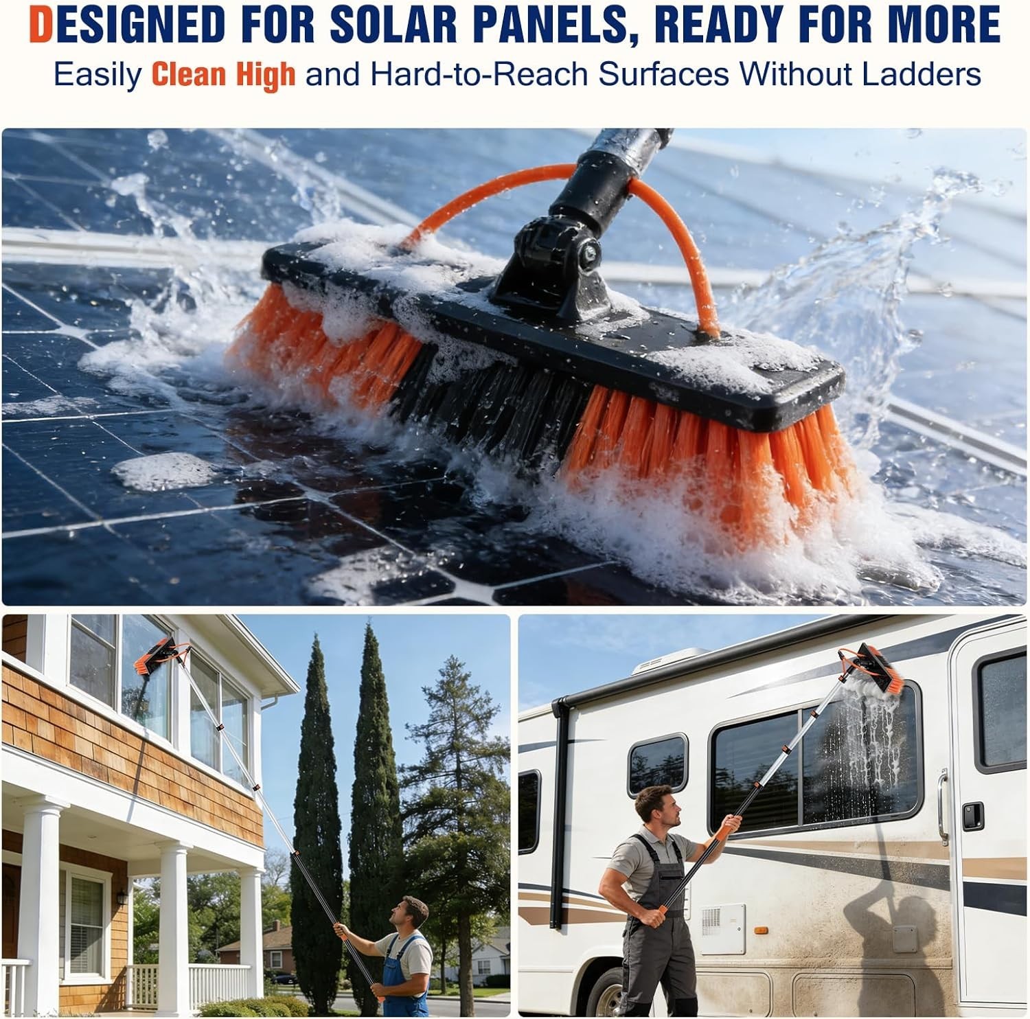 Water Fed Pole Window Cleaning System, Solar Panel Kit, 180° Brush & Soap Dispen