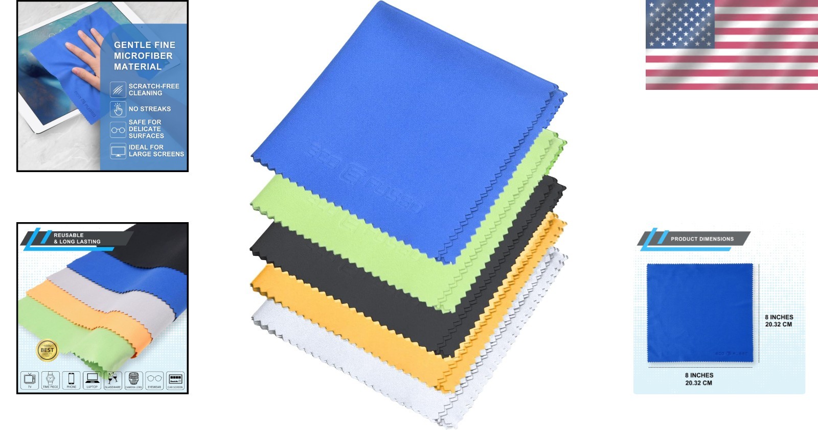 Durable 8×8 Microfiber Cleaning Cloths – 5 Pack Eyeglass and Lens Wipes