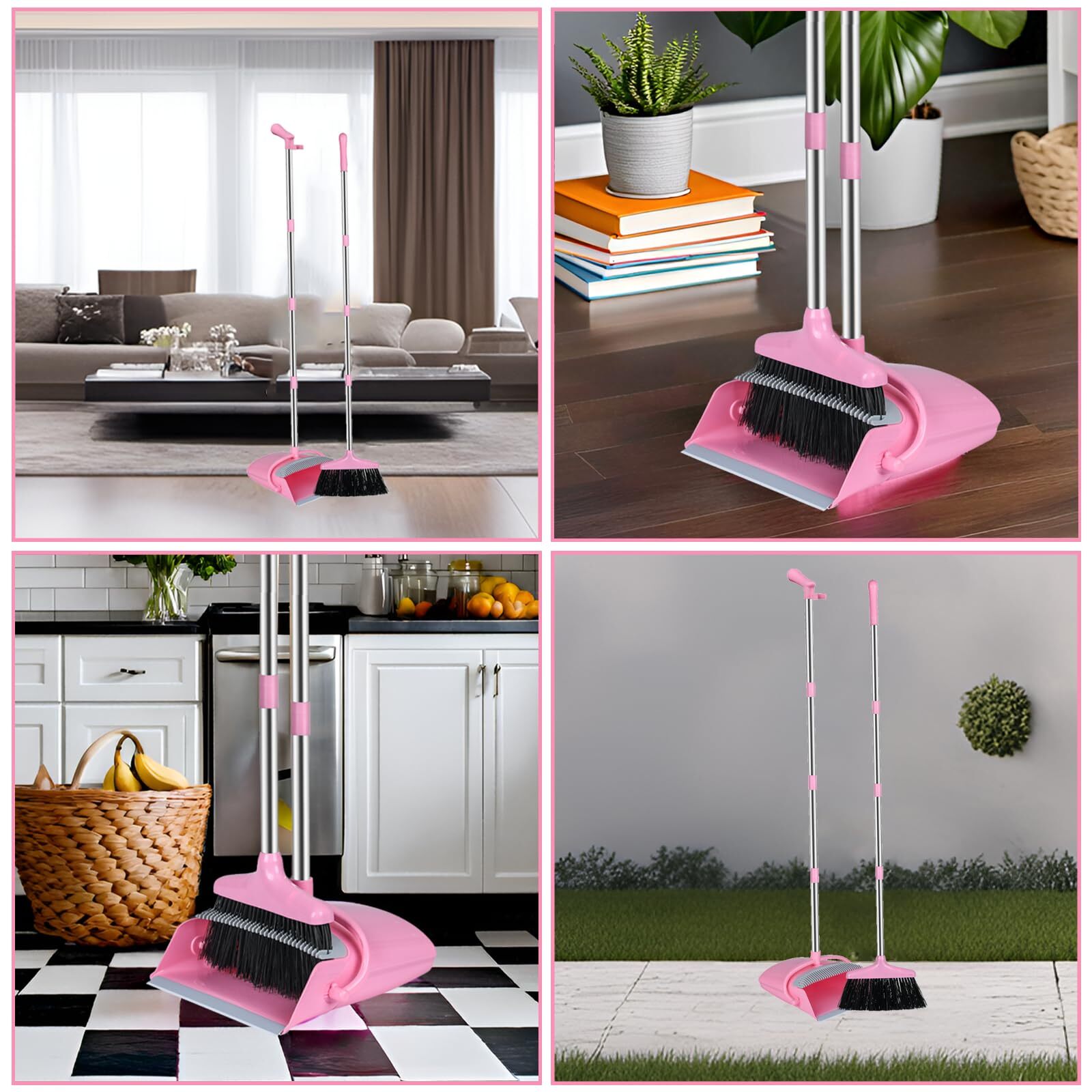 Pink Broom And Dustpan Set Broom With Dustpan Combo Set For Home Office Kitchen