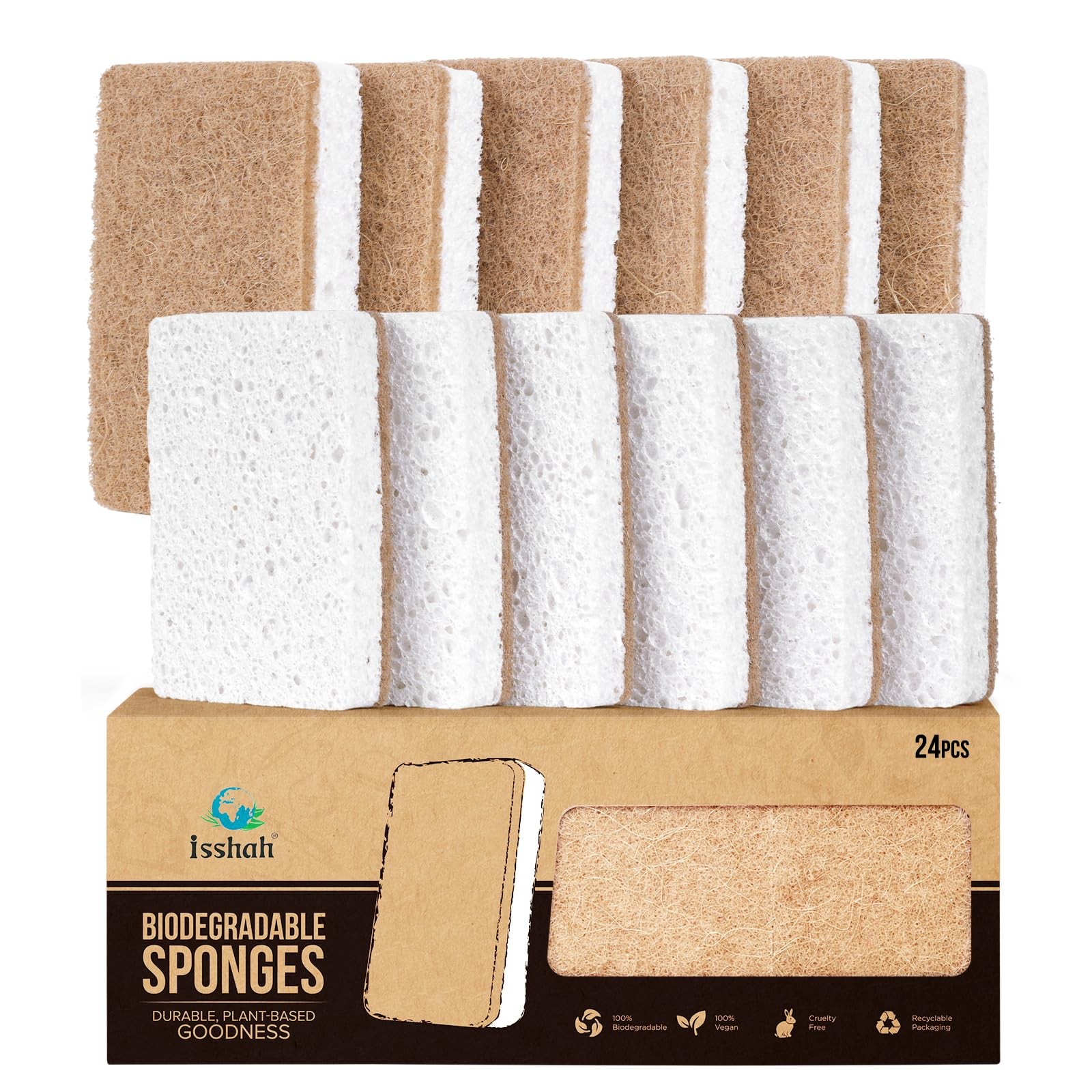 Natural Kitchen Scrub Sponges for Dishes – Plant-Based – 24 Count