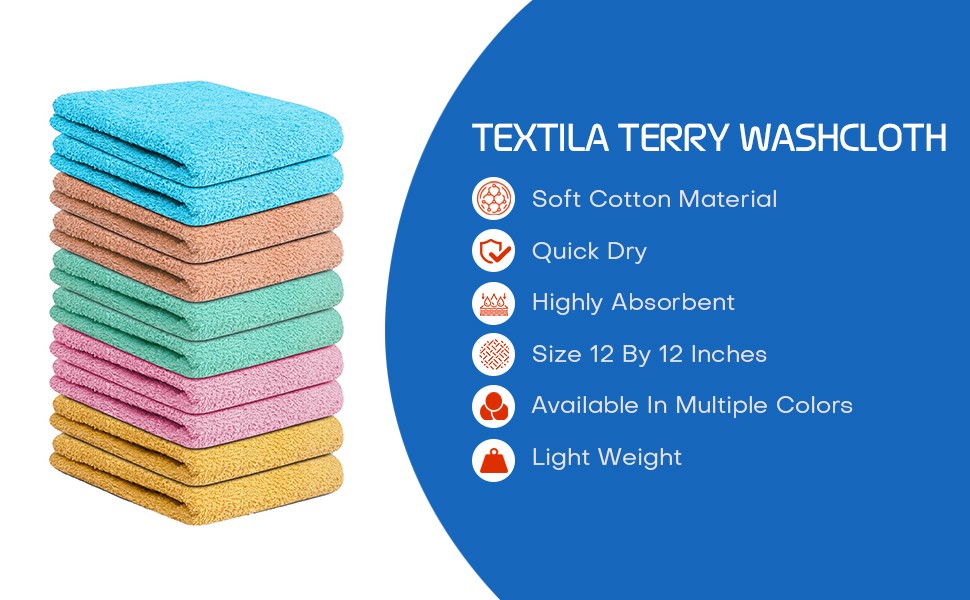 Terry Washcloths – 12×12 Inches – Pack of 10 – Multicolor – Highly Absorbent,