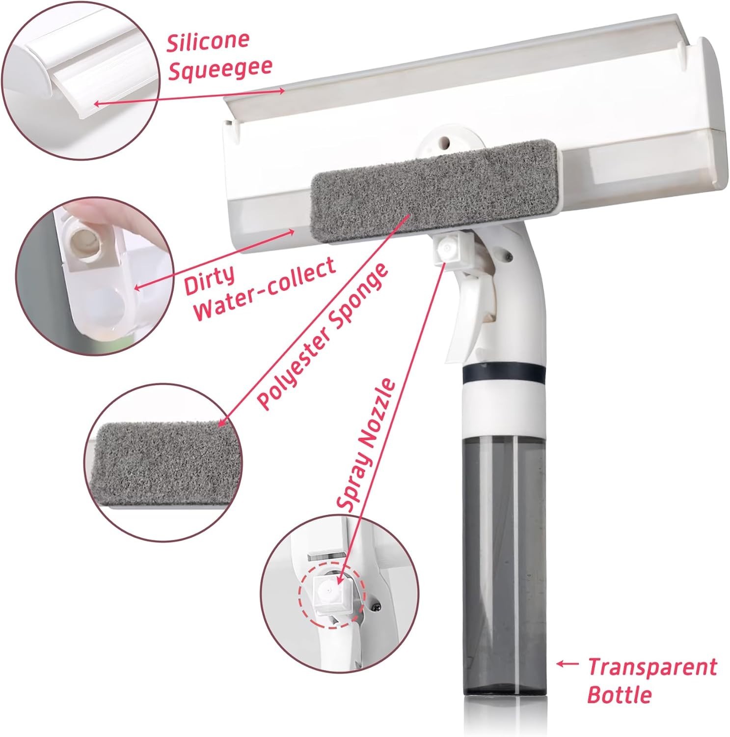 3-in-1 Window Cleaning Squeegee with Spray Bottle & Microfiber Scrub