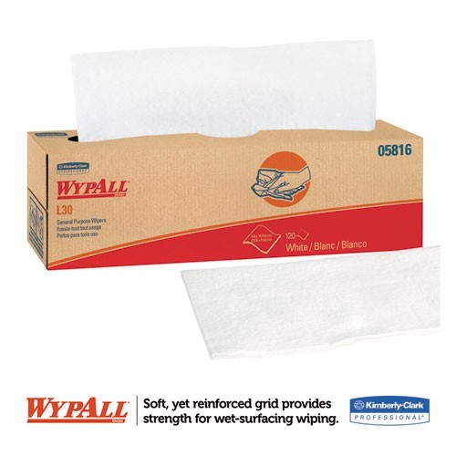 WypAll L30 Towels, POP-UP Box, 9.8 x 16.4, White, 120/Box, 6 Boxes/Carton