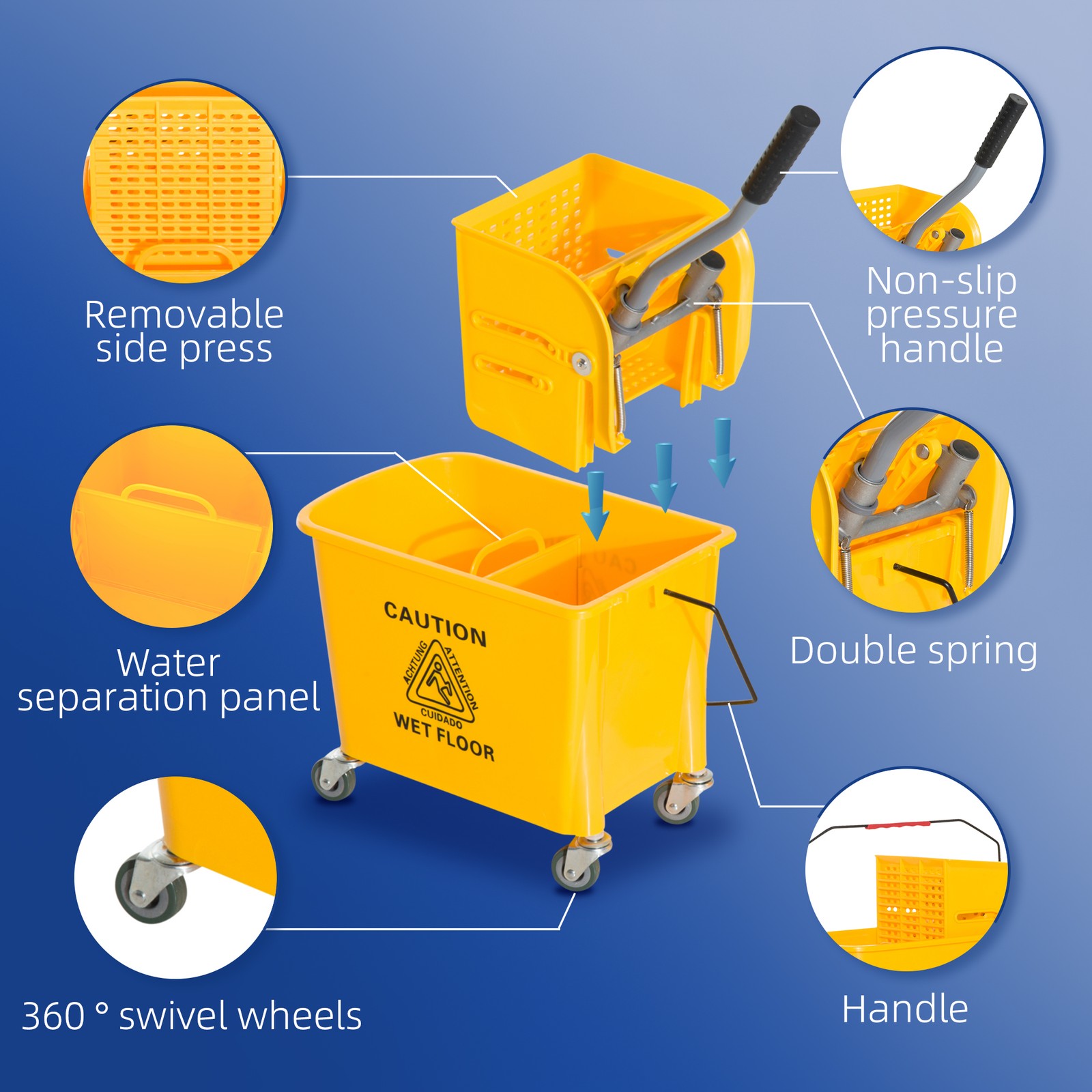 Compact Mop Bucket with Wringer on Wheels 21 Quart Yellow
