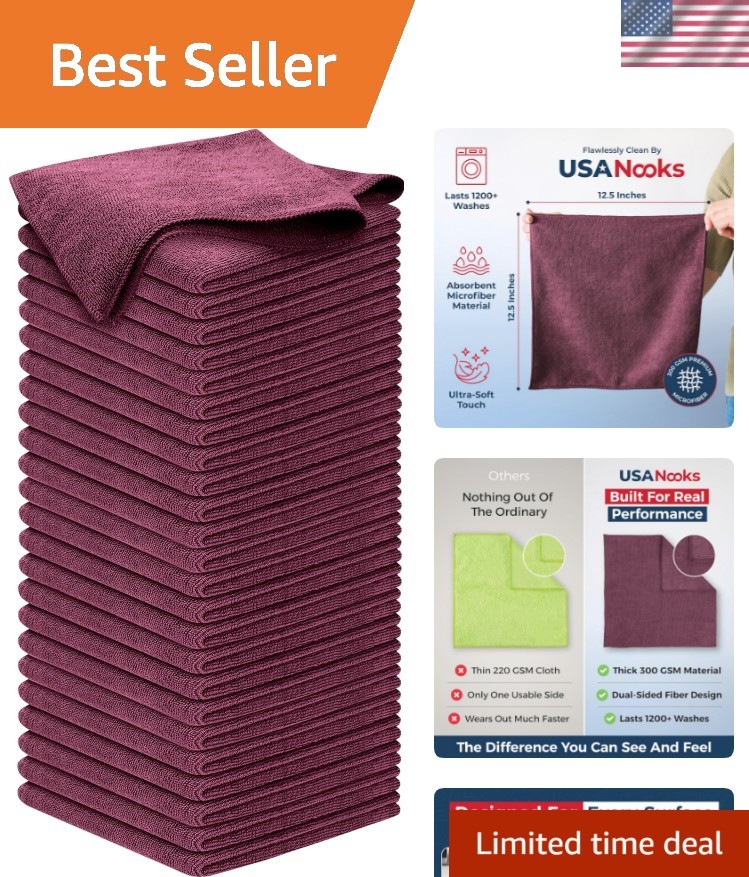 300GSM Microfiber Cleaning Cloth – 12.5″x12.5″ High Performance – 1200 Washes…
