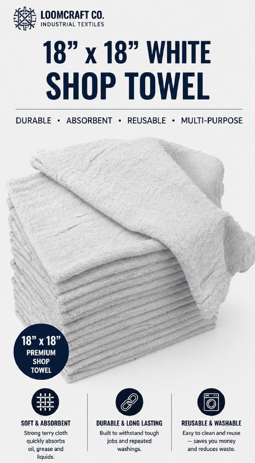18×18 White Shop Towel Heavyweight Commercial Mechanic Garage Cleaning Rag