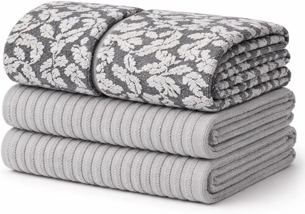 Kitchen Towels, Cotton Hand Towels, Grey and White Vine Ribbed Hand Drying Cloth