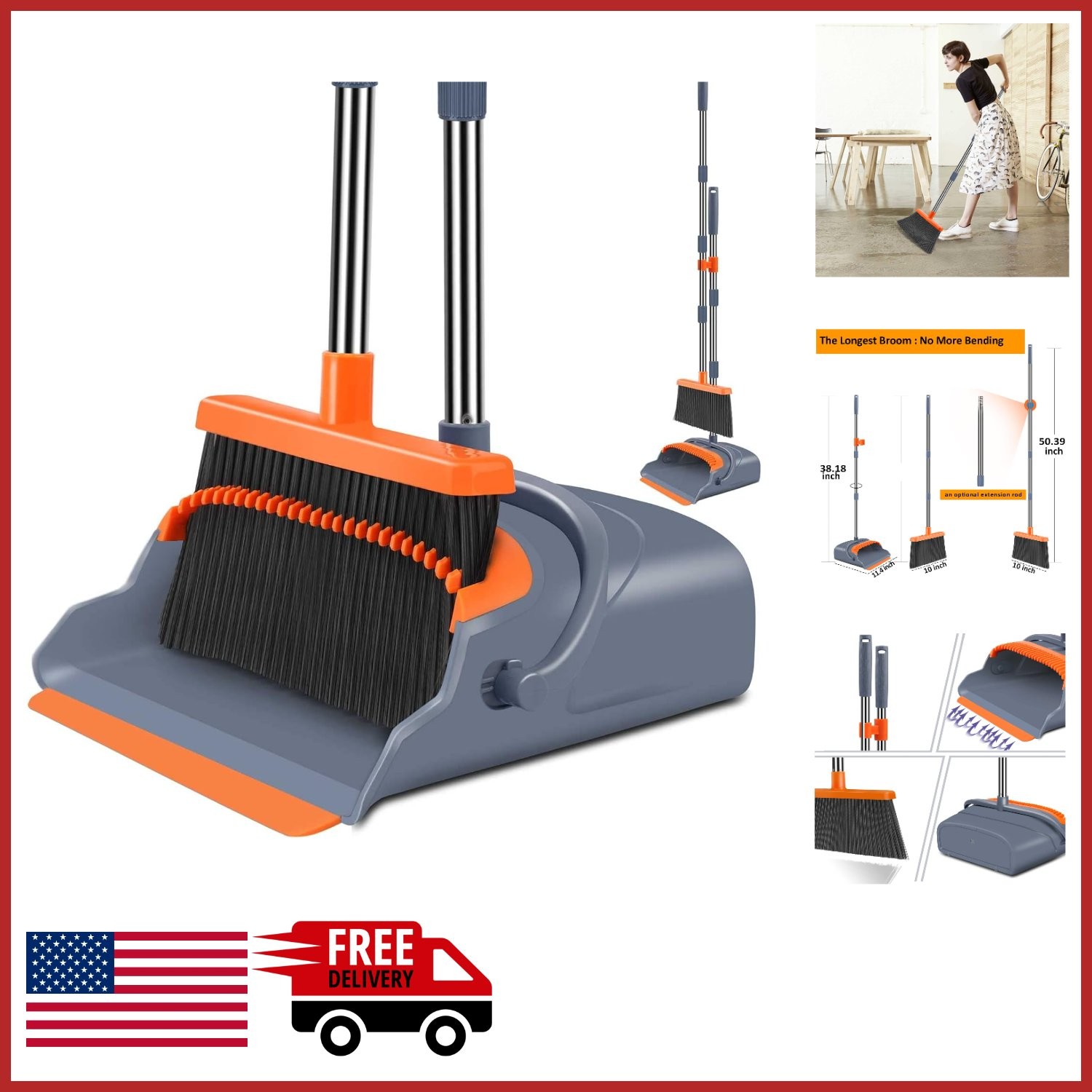 Indoor Outdoor Broom and Dustpan Set with Self-Cleaning Feature and Storage