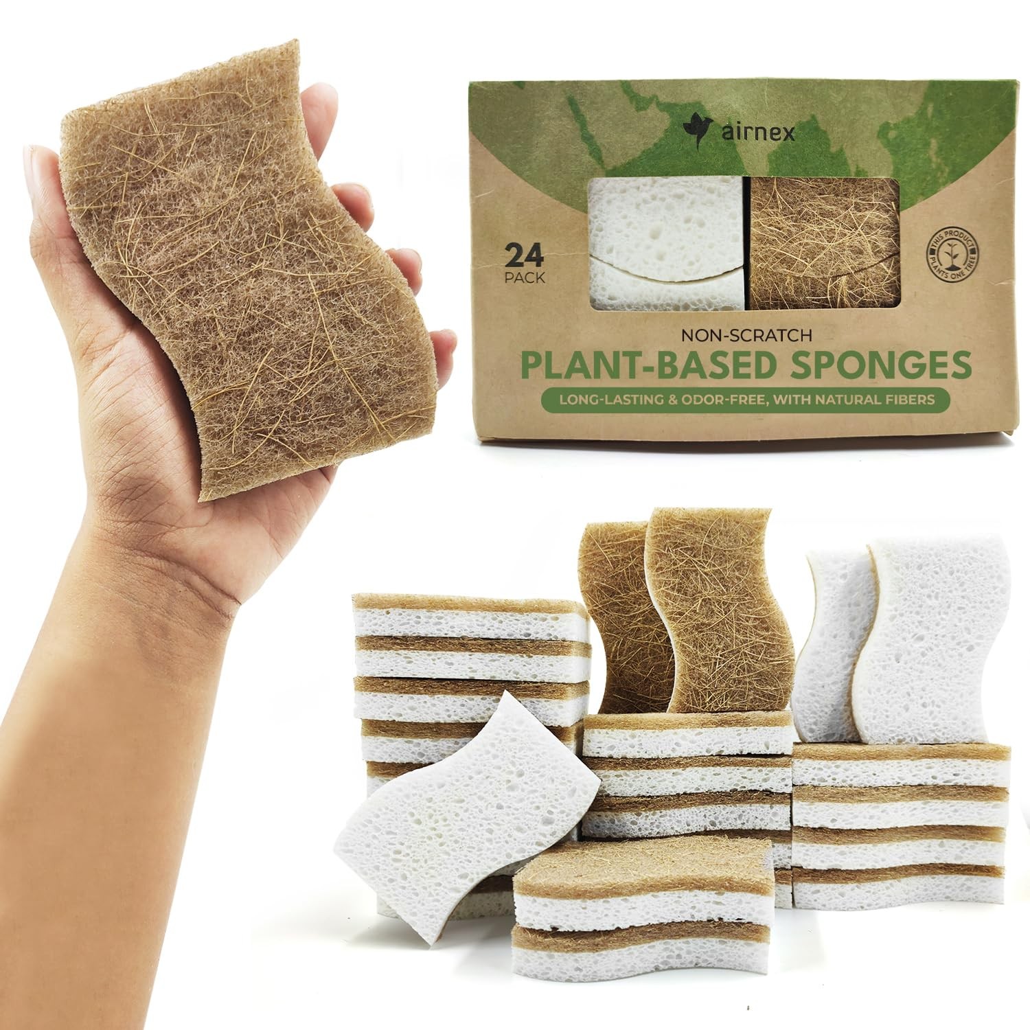 Natural Kitchen Sponges (24 Pack) – Biodegradable Cellulose & Coconut Scrubbe…