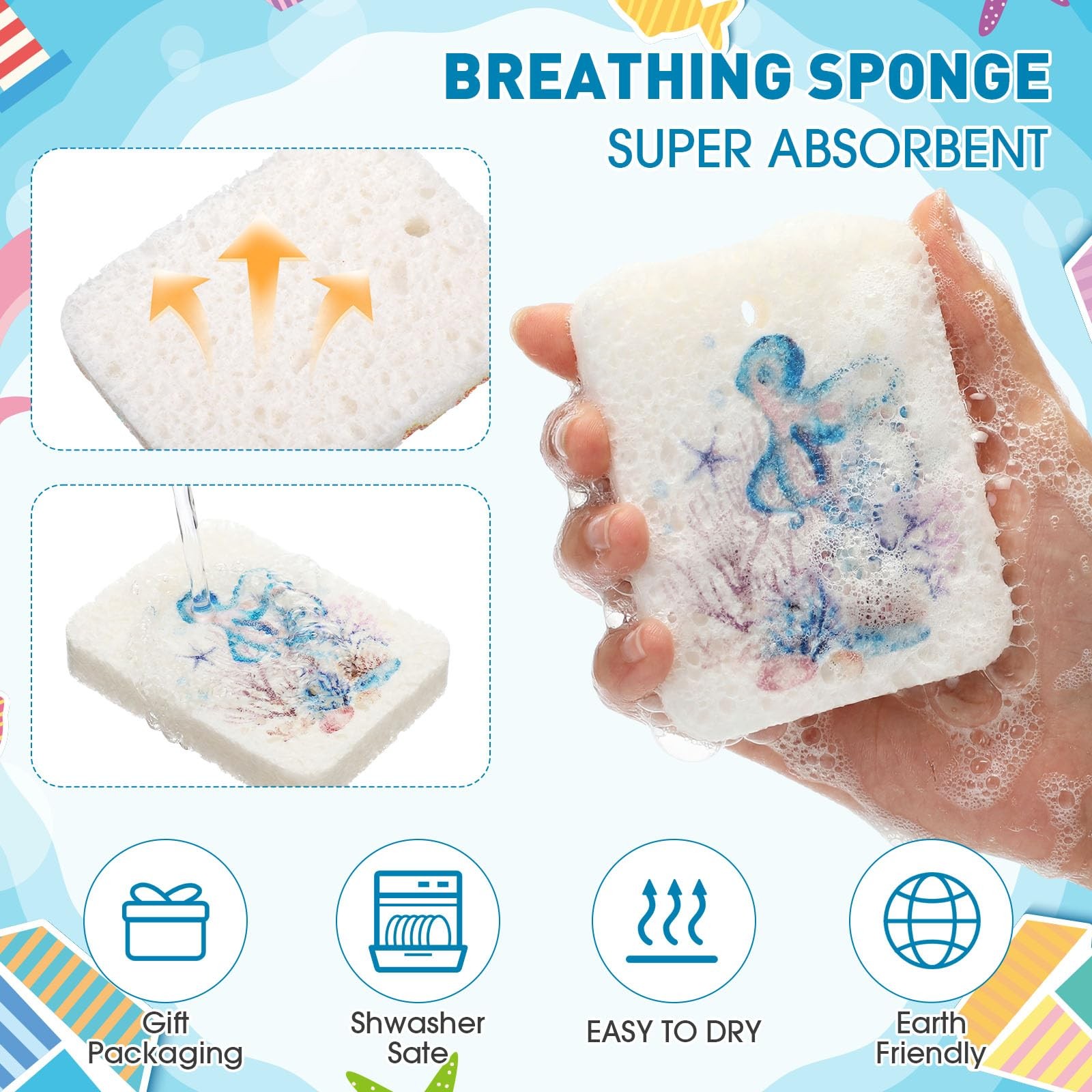 50 Counts Compressed Cellulose Sponges Bulk Sea ​​Animals Style Natural Kitch…