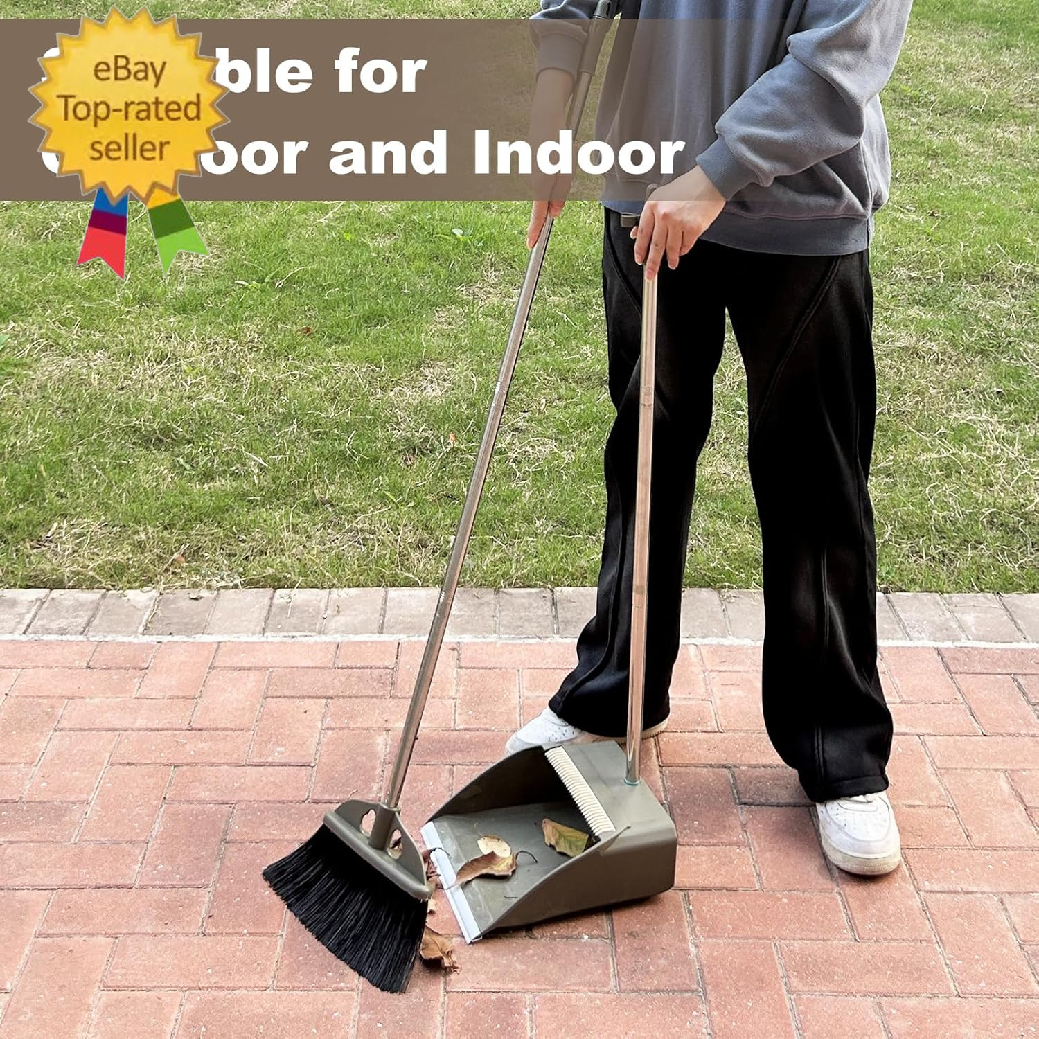 Upgrade Broom with Dustpan Combo Set,48” Long Handle Stiff Broom Bristles with