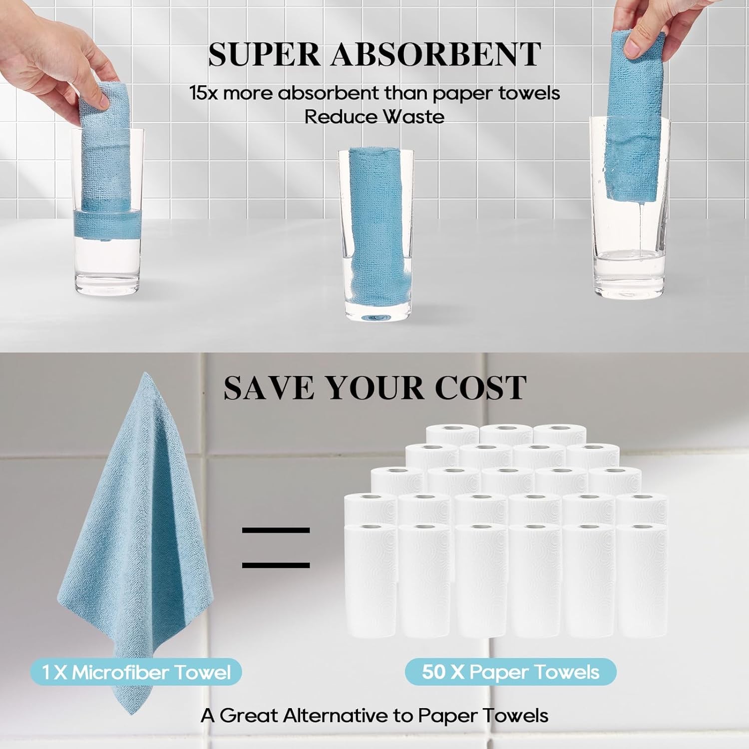 HONOVA Microfiber Cleaning Cloth Roll 45 Pack, 12″ x 12″ Washable Paper Towels,