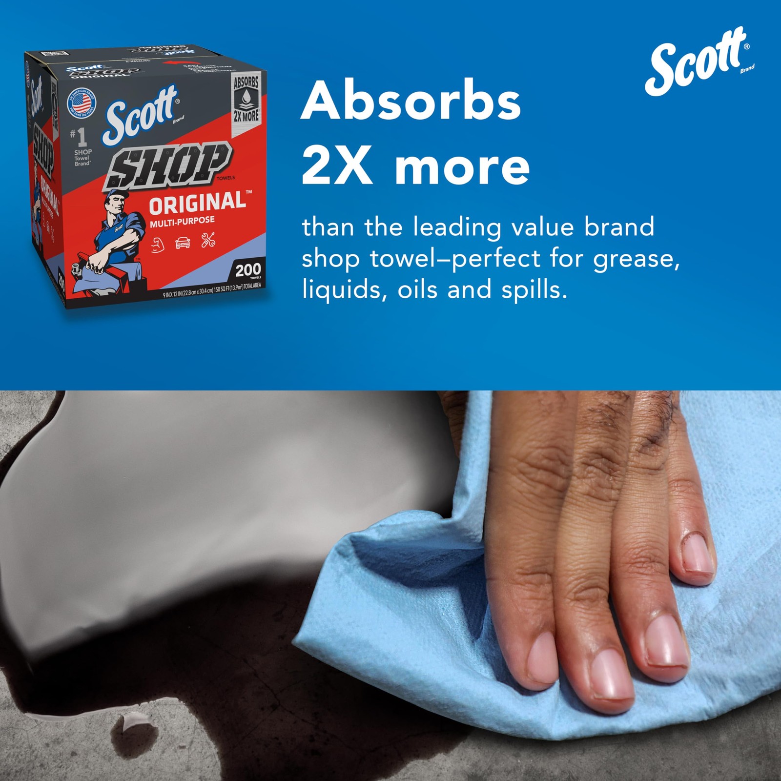 Scott Shop Original Blue Towels (75190), 9″x12″ 200 Count (Pack of 8),