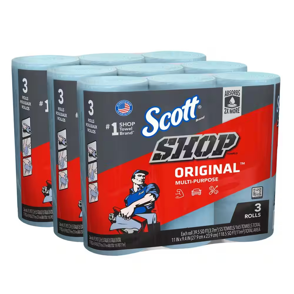 Blue Shop Towel Cleaning Wipes 3-Pack , Bundle of 9 Rolls