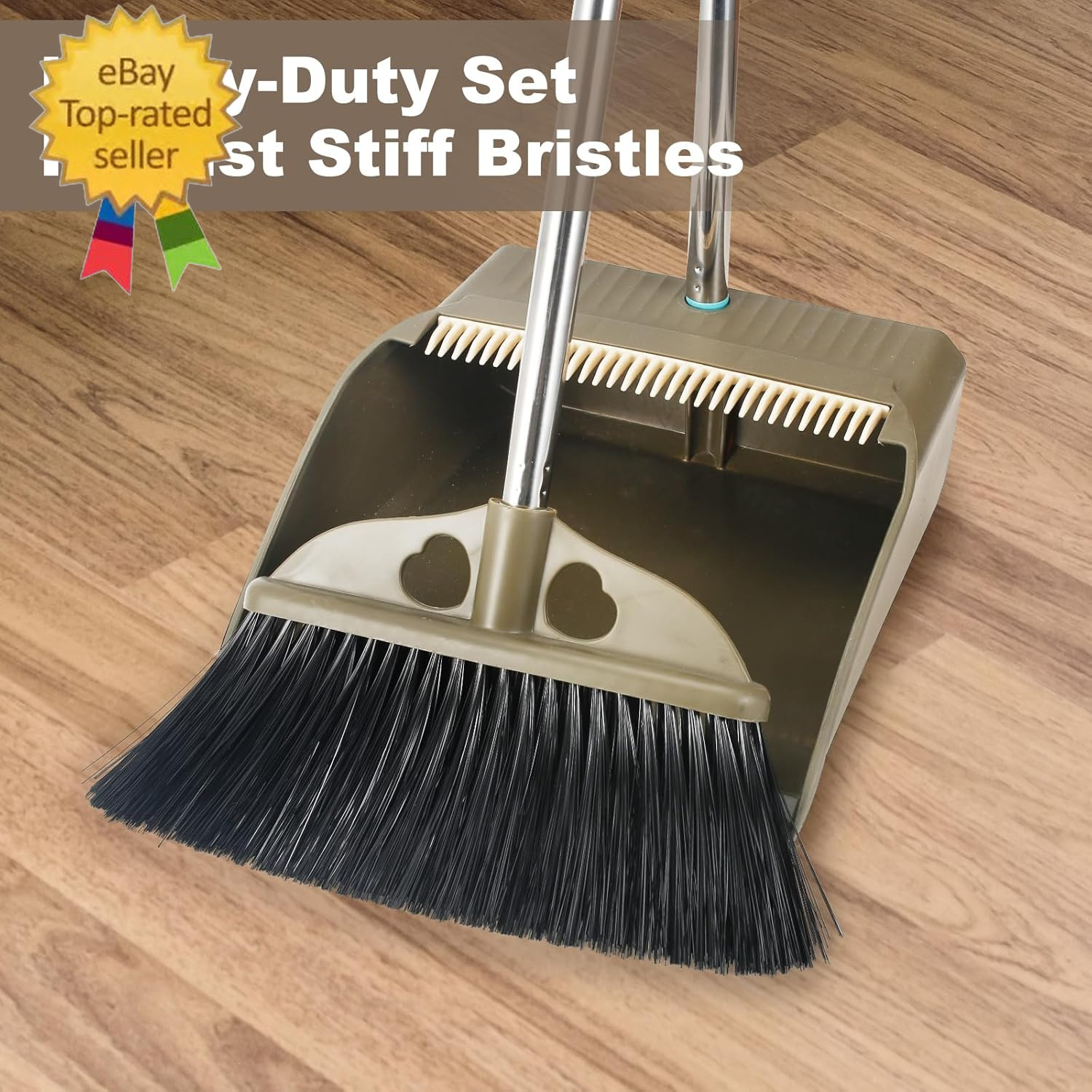 Upgrade Broom with Dustpan Combo Set,48” Long Handle Stiff Broom Bristles with