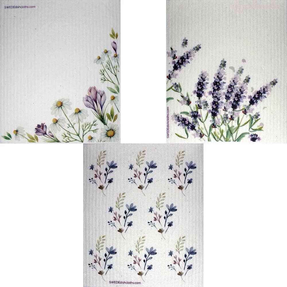 Swedish Dishcloths Mixed Purple Wildflowers Set of 3 cloths (one of each design)