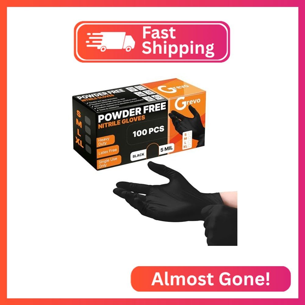 Grevo Disposable 5 & 8 Mil Black Nitrile Gloves S-XL – Heavy Duty Latex & Powder