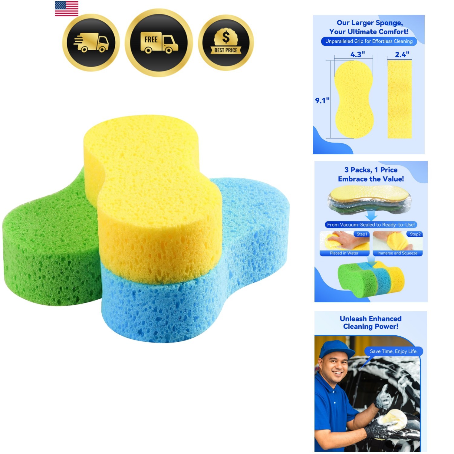 Car Wash Sponges, Large Multi-Purpose Foam Cleaning Sponges, 3-Pack | 9.1″ x …