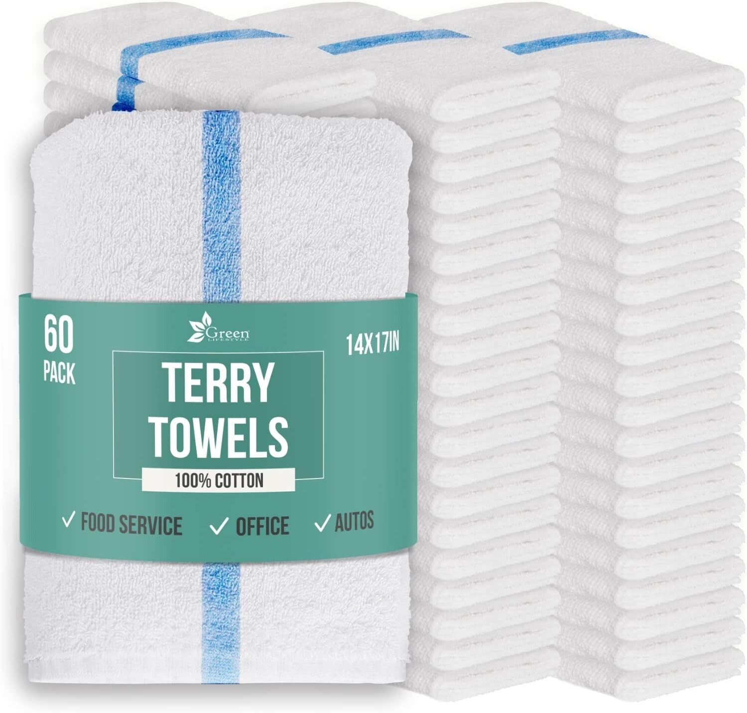 Blue Striped Cotton Cleaning Rags – Super Absorbent 14”x17” Towels, Pack of 60