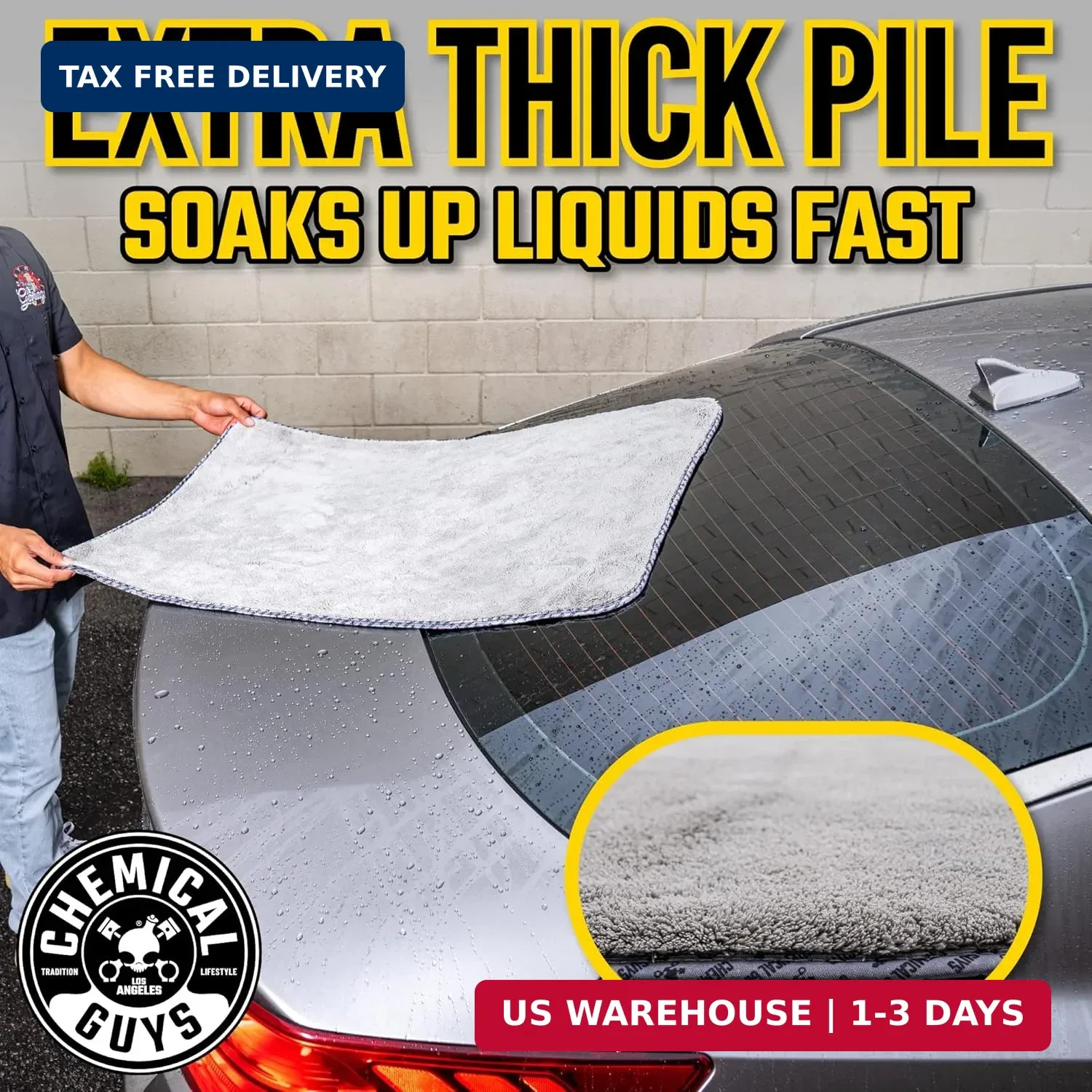 Chemical Guys Woolly Mammoth Large Microfiber Drying Towel – 36 x 25 Inch Gray,