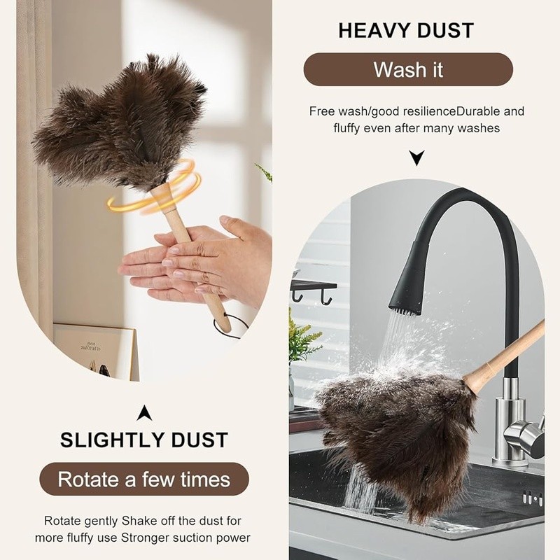 Ostrich Feather Duster Anti-Static Wooden Handle Dust Cleaning Tool Home Office