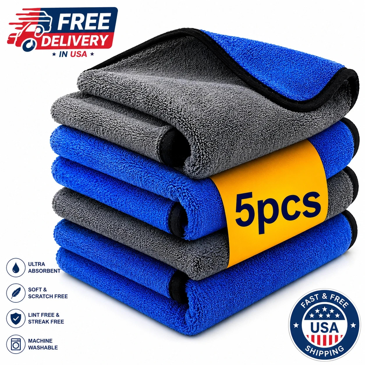 5 PCS Microfiber Car Cleaning Towels Absorbent Auto Detailing Drying Cloth