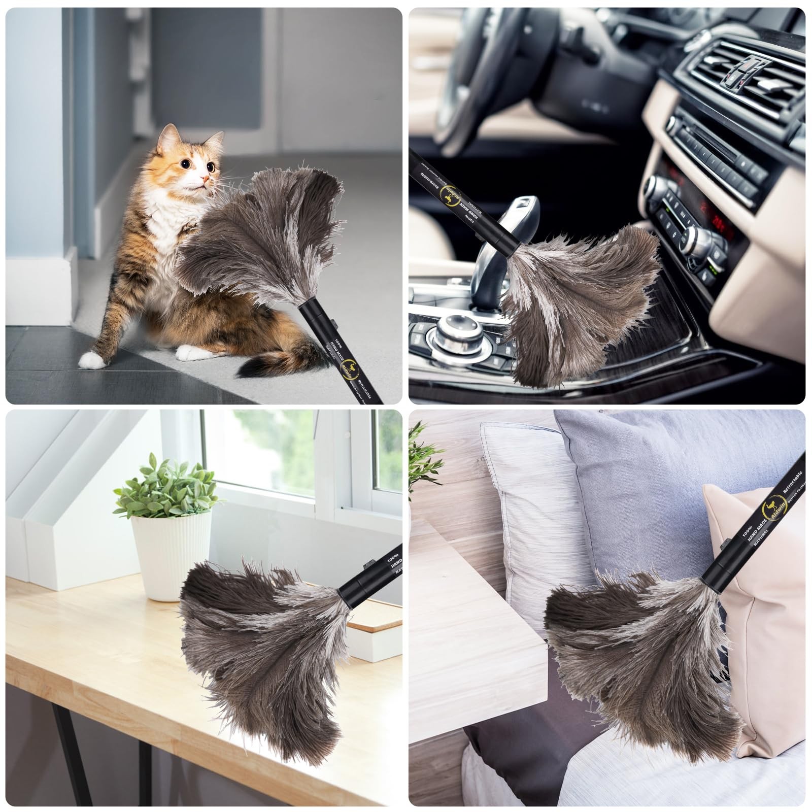 Aldwin Ostrich Feather Duster Retractable 1 Pack,16 inch Genuine Fluffy Gray