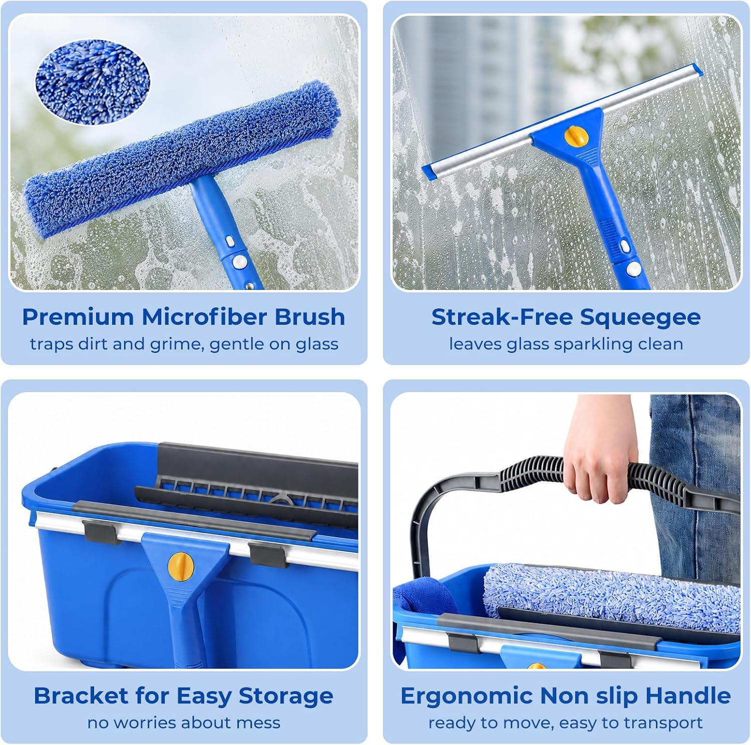 Window Cleaning Kit Bucket 3 Gallon 14in Squeegee 15 Inch Scrubber 76 Inch Poles