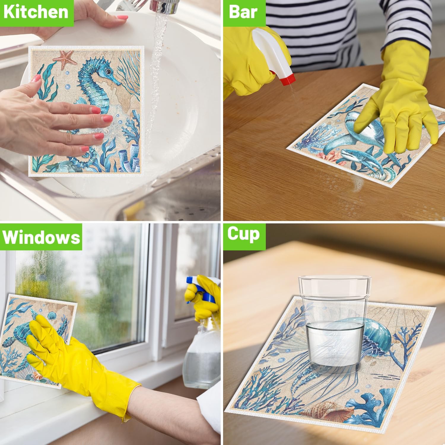 Sea Animals Swedish Dishcloths Reusable Absorbent Fast Drying Sponge Towel