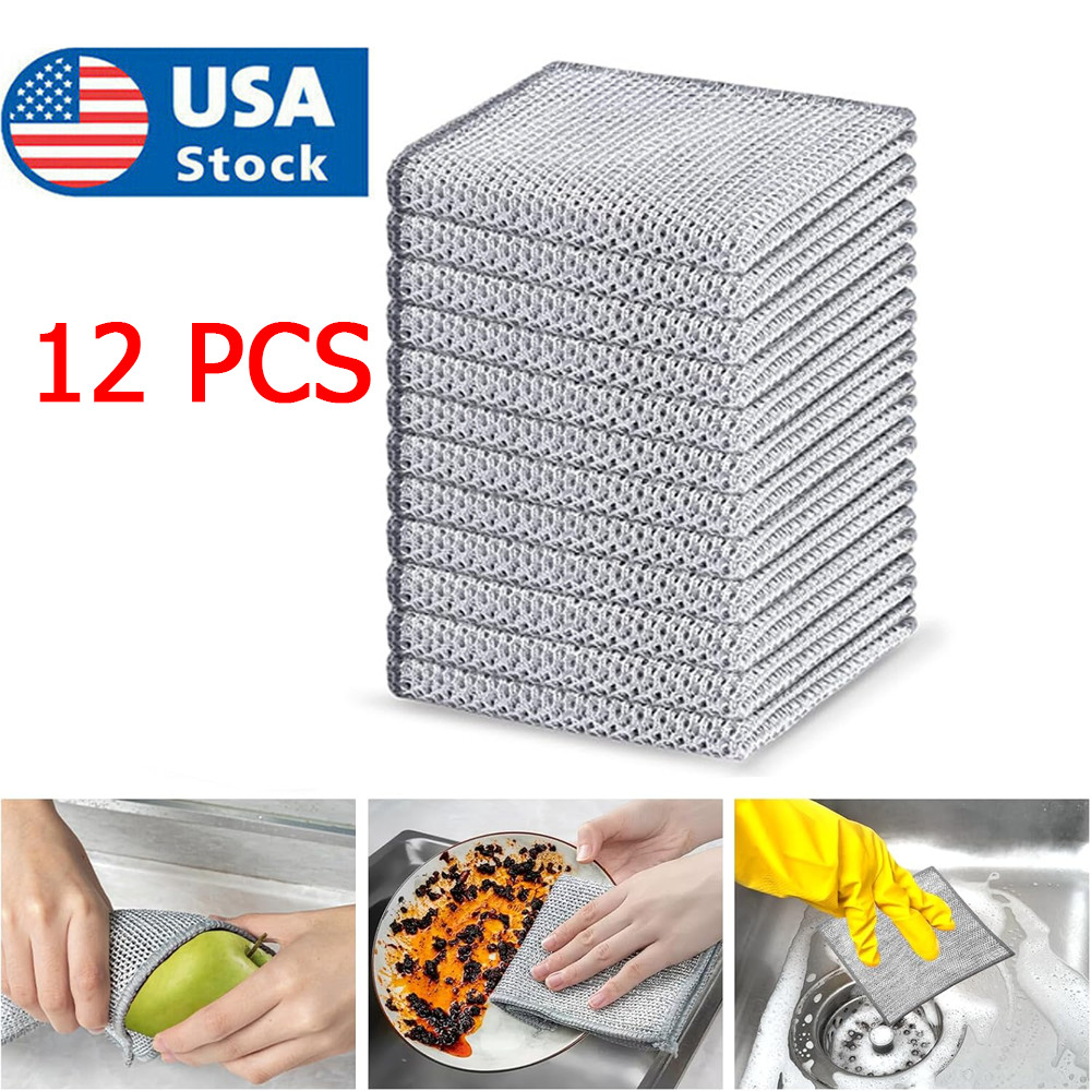 12Pcs Microfiber Wire Dishwashing Rag Non Scratch Cleaning Cloth Household Tools